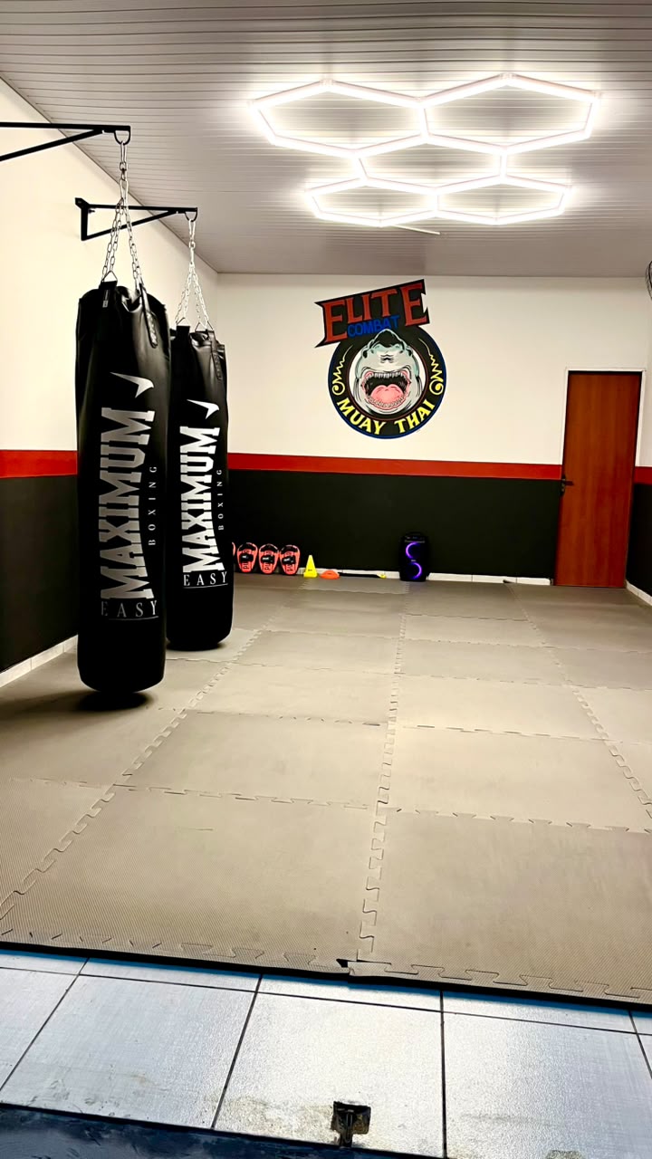 Sala de treino da Elite Combat com sacos de pancada, tatame e o logo da equipe na parede